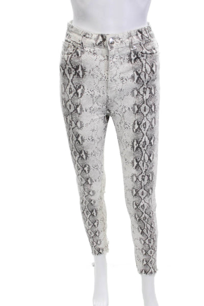 Zara Woman Womens Ankle Cropped Snake Print White Denim Pants Button Size 6