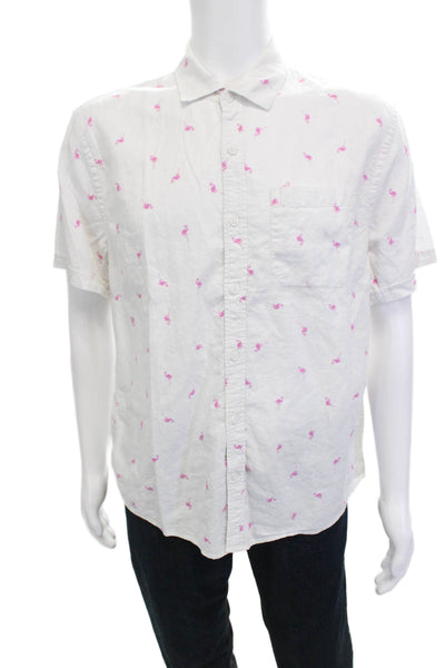 Magaschoni Mens Button-Down Short Sleeve Cotton Bird Print White Size L