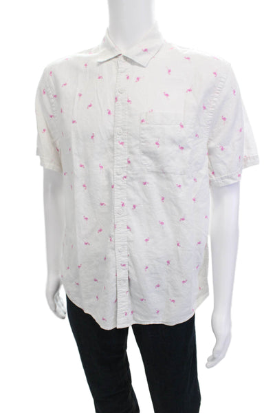 Magaschoni Mens Button-Down Short Sleeve Cotton Bird Print White Size L