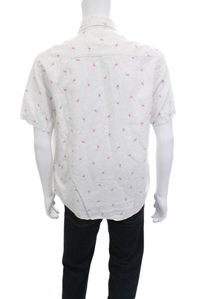 Magaschoni Mens Button-Down Short Sleeve Cotton Bird Print White Size L