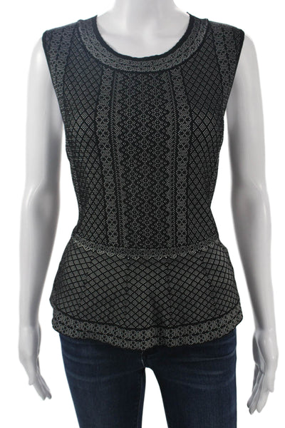 BCBGMAXAZRIA Womens Black Geometric Sleeveless Crew Neck Blouse Size L