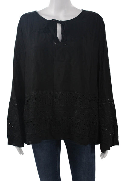 Drew Women Bohemian Tunic Blouse Black Long Sleeve 100% Rayon Tie Size L