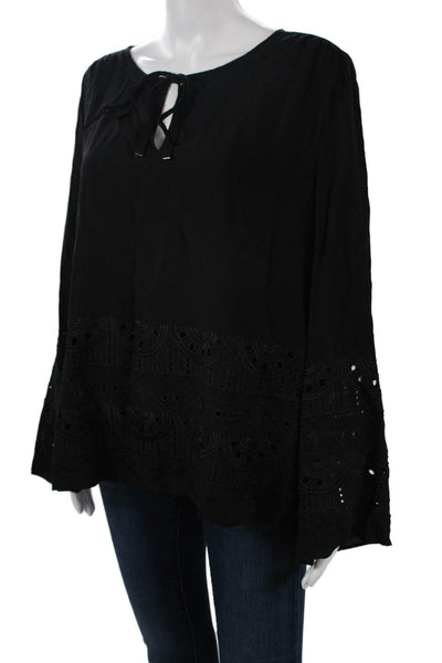 Drew Women Bohemian Tunic Blouse Black Long Sleeve 100% Rayon Tie Size L