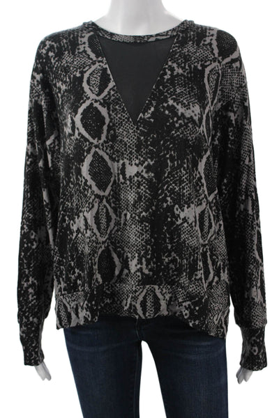 LNA Women Snake Print V-Neck Long Sleeve Top Black Viscose Spandex Size L