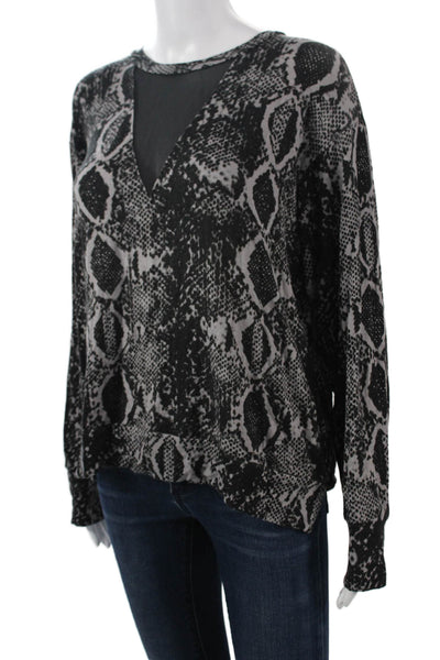 LNA Women Snake Print V-Neck Long Sleeve Top Black Viscose Spandex Size L