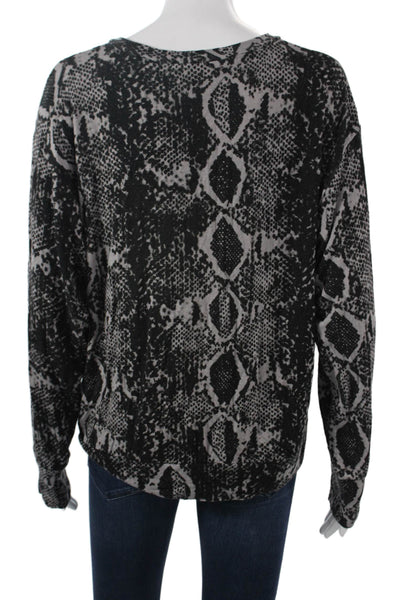 LNA Women Snake Print V-Neck Long Sleeve Top Black Viscose Spandex Size L