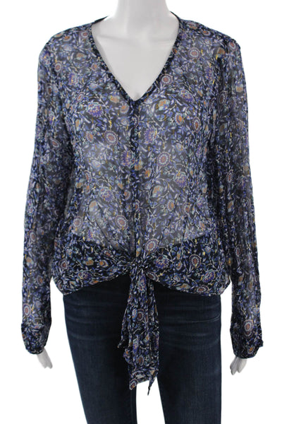 Karen Kane Women Bohemian Blue Floral V Neck Long Sleeve Blouse Size M