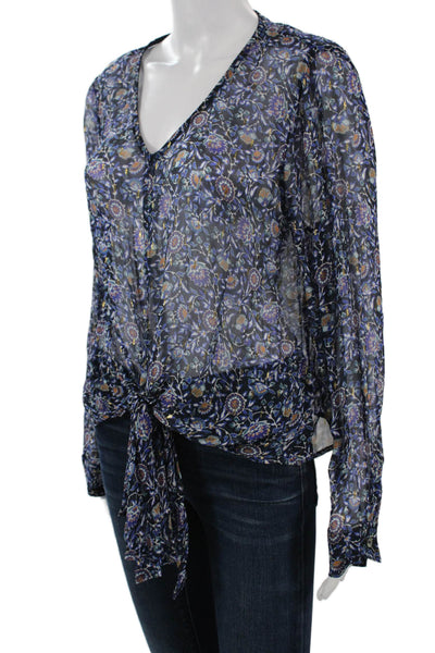 Karen Kane Women Bohemian Blue Floral V Neck Long Sleeve Blouse Size M