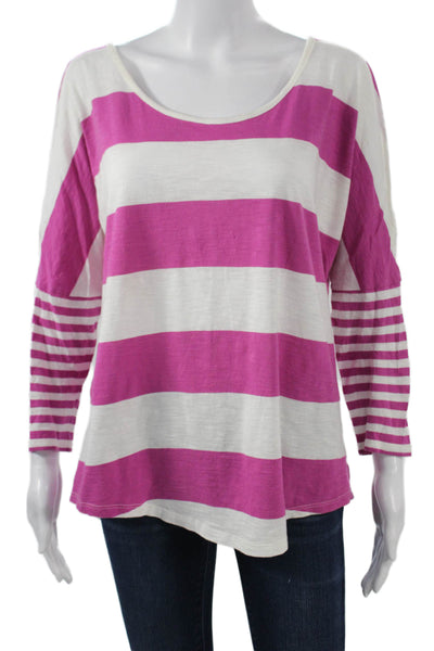 C&C California Women Pink Striped Cotton 3/4 Sleeve T-Shirt Size L
