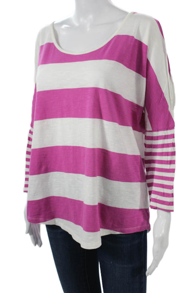 C&C California Women Pink Striped Cotton 3/4 Sleeve T-Shirt Size L