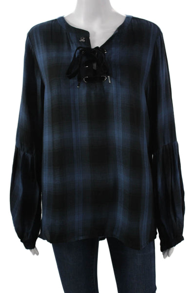 philosophy Womens Boho Plaid Tunic Blouse Black Long Sleeve Viscose Size L