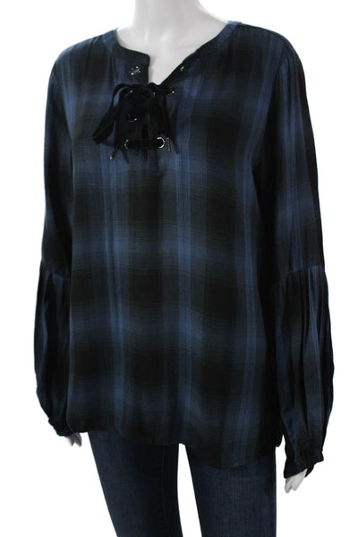 philosophy Womens Boho Plaid Tunic Blouse Black Long Sleeve Viscose Size L