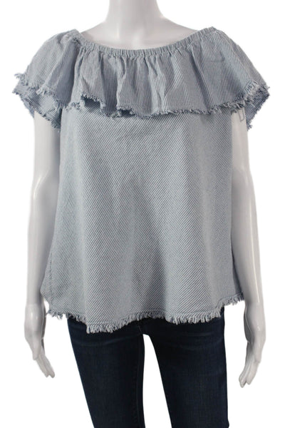 Velvet Women Light Blue Striped Cotton Short Sleeve Blouse Size XL