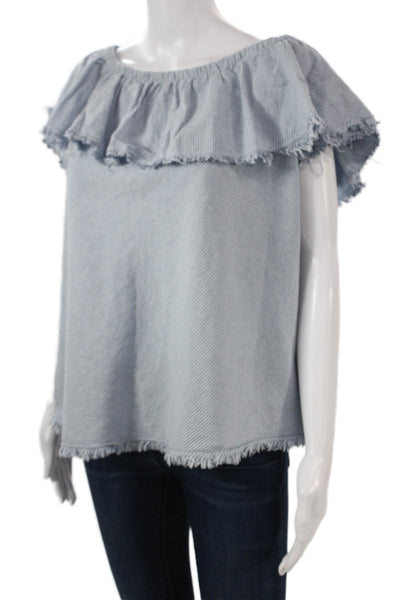 Velvet Women Light Blue Striped Cotton Short Sleeve Blouse Size XL
