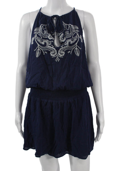 Parker Women Mini Blouson Dress Dark Blue Paisley Rayon Sleeveless Size L