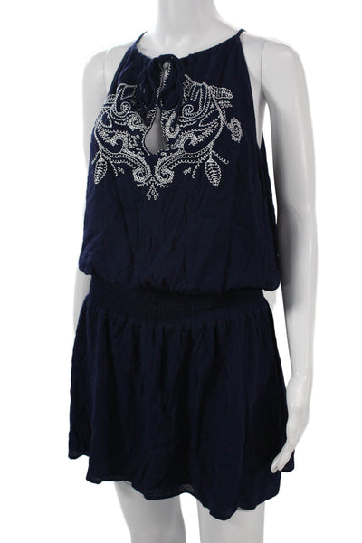 Parker Women Mini Blouson Dress Dark Blue Paisley Rayon Sleeveless Size L