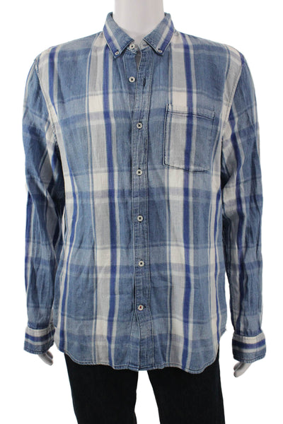 Joe's Collection Mens Plaid Button-Down Shirt Blue Long Sleeve 90s Size XL