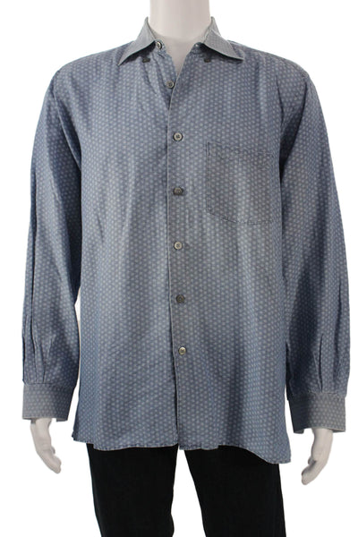 Ermenegildo Zegna Mens Point Button-Up Cotton Linen Blue Long Sleeve Size L