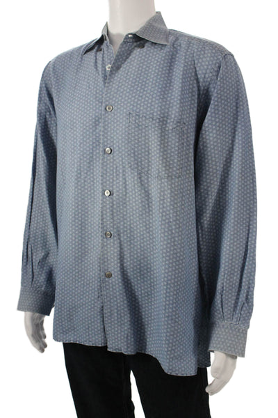 Ermenegildo Zegna Mens Point Button-Up Cotton Linen Blue Long Sleeve Size L