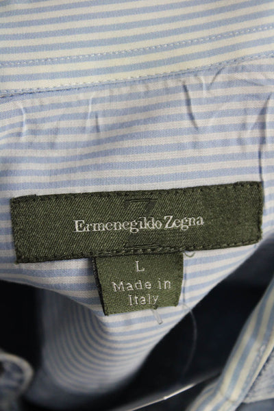 Ermenegildo Zegna Mens Point Button-Up Cotton Linen Blue Long Sleeve Size L