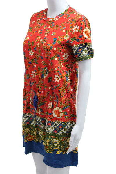 Tory Burch Women Red Floral T-Shirt Dress Short Sleeve Pima Cotton Size XS