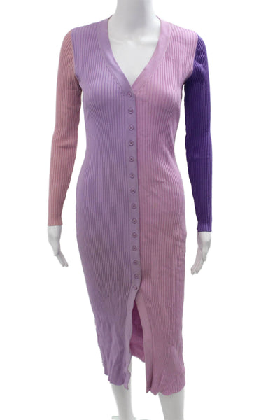 Staud Women Pink Striped Bodycon Sweater Dress Midi Long Sleeve V Neck Size S