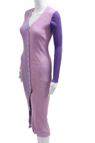 Staud Women Pink Striped Bodycon Sweater Dress Midi Long Sleeve V Neck Size S