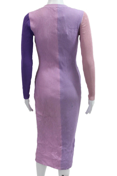 Staud Women Pink Striped Bodycon Sweater Dress Midi Long Sleeve V Neck Size S