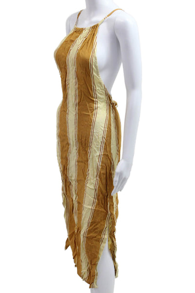 Faithfull Women Beige Striped Slip Sundress High Neck Viscose Knee Size 2