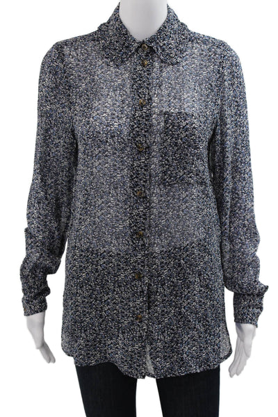 Ganni Women Black Floral Collared Button-Up Viscose Long Sleeve Blouse Size 34