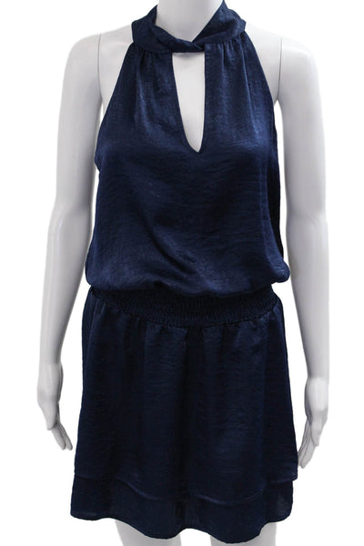Veronica M Women Dark Blue Blouson Mini Dress High Neck Sleeveless Tie Size XS