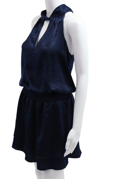 Veronica M Women Dark Blue Blouson Mini Dress High Neck Sleeveless Tie Size XS