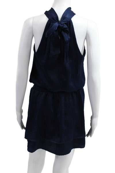 Veronica M Women Dark Blue Blouson Mini Dress High Neck Sleeveless Tie Size XS