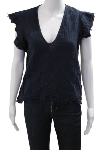 Stark Women Bohemian V-Neck Dark Blue Cotton Short Sleeve Blouse Size S