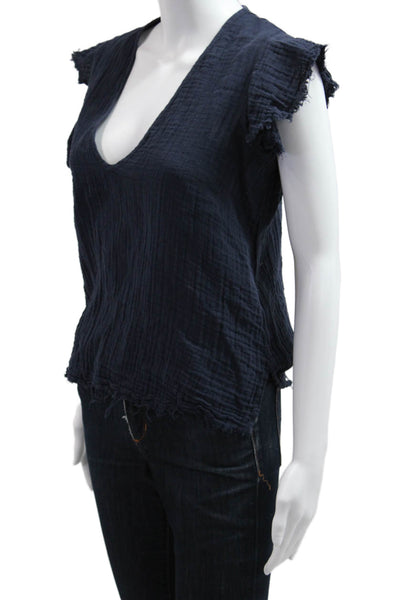 Stark Women Bohemian V-Neck Dark Blue Cotton Short Sleeve Blouse Size S