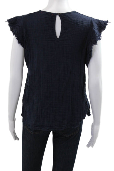 Stark Women Bohemian V-Neck Dark Blue Cotton Short Sleeve Blouse Size S