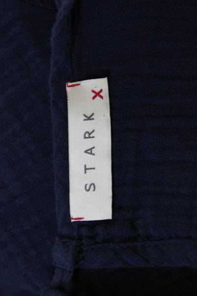 Stark Women Bohemian V-Neck Dark Blue Cotton Short Sleeve Blouse Size S