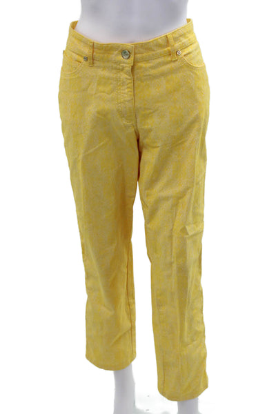 Escada Womens Cropped Ankle Pants Yellow Floral Button Size 42