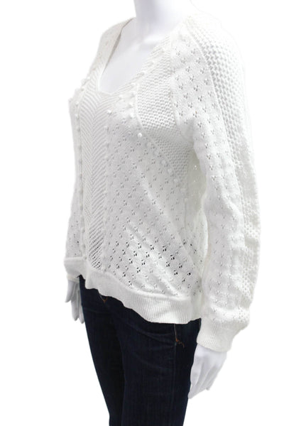 Rebecca Taylor Womens Pullover V-Neck Button Long Sleeve Cotton White Size L