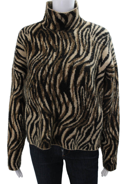 Zara Womens Pullover Sweater Beige Animal Print Turtleneck Long Sleeve Size S