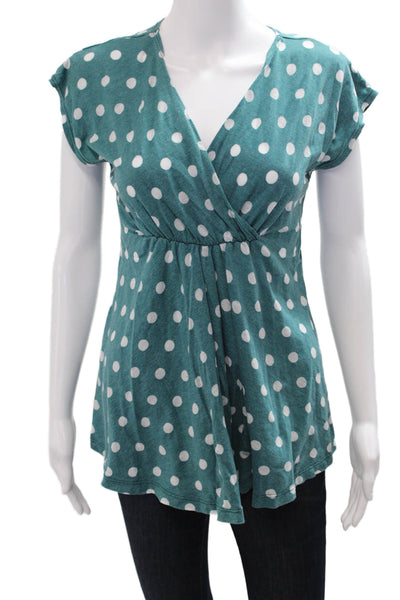 C&C California Women Tunic Blouse Green Polka Dot V-Neck Short Sleeve Size S