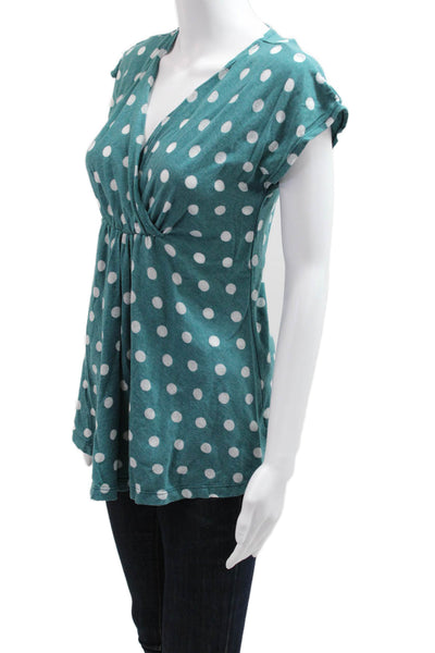 C&C California Women Tunic Blouse Green Polka Dot V-Neck Short Sleeve Size S