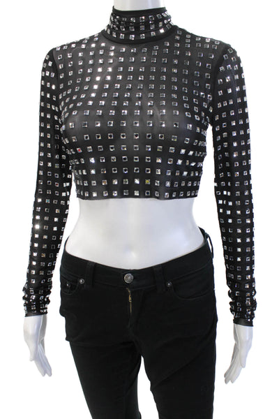 NBD Women Cropped Mock Neck Geometric Gothic Long Sleeve Black Top Size 2XS