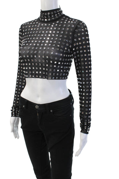 NBD Women Cropped Mock Neck Geometric Gothic Long Sleeve Black Top Size 2XS
