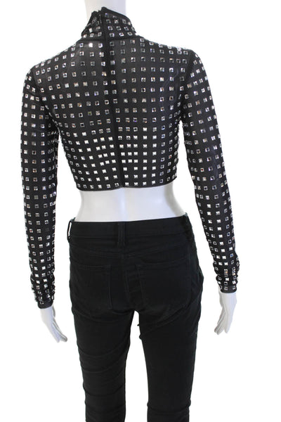 NBD Women Cropped Mock Neck Geometric Gothic Long Sleeve Black Top Size 2XS