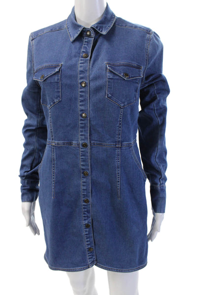 Free People Women Shirt Dress Blue Collared Long Sleeve Short Solid Size S