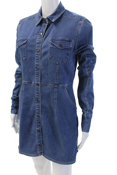 Free People Women Shirt Dress Blue Collared Long Sleeve Short Solid Size S