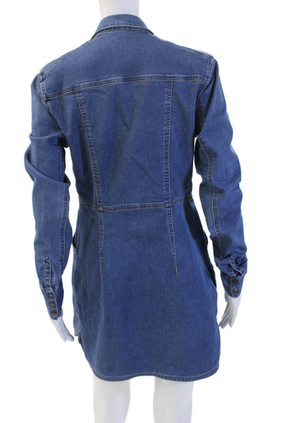 Free People Women Shirt Dress Blue Collared Long Sleeve Short Solid Size S