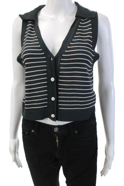 By Together Women Cropped Striped V-Neck Button Up Top Sleeveless Black Size S