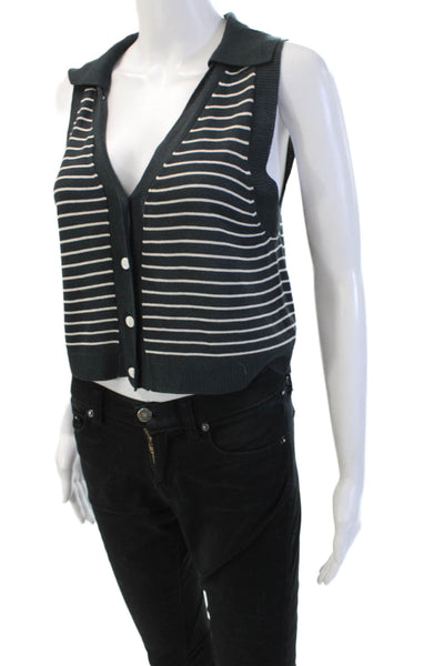 By Together Women Cropped Striped V-Neck Button Up Top Sleeveless Black Size S